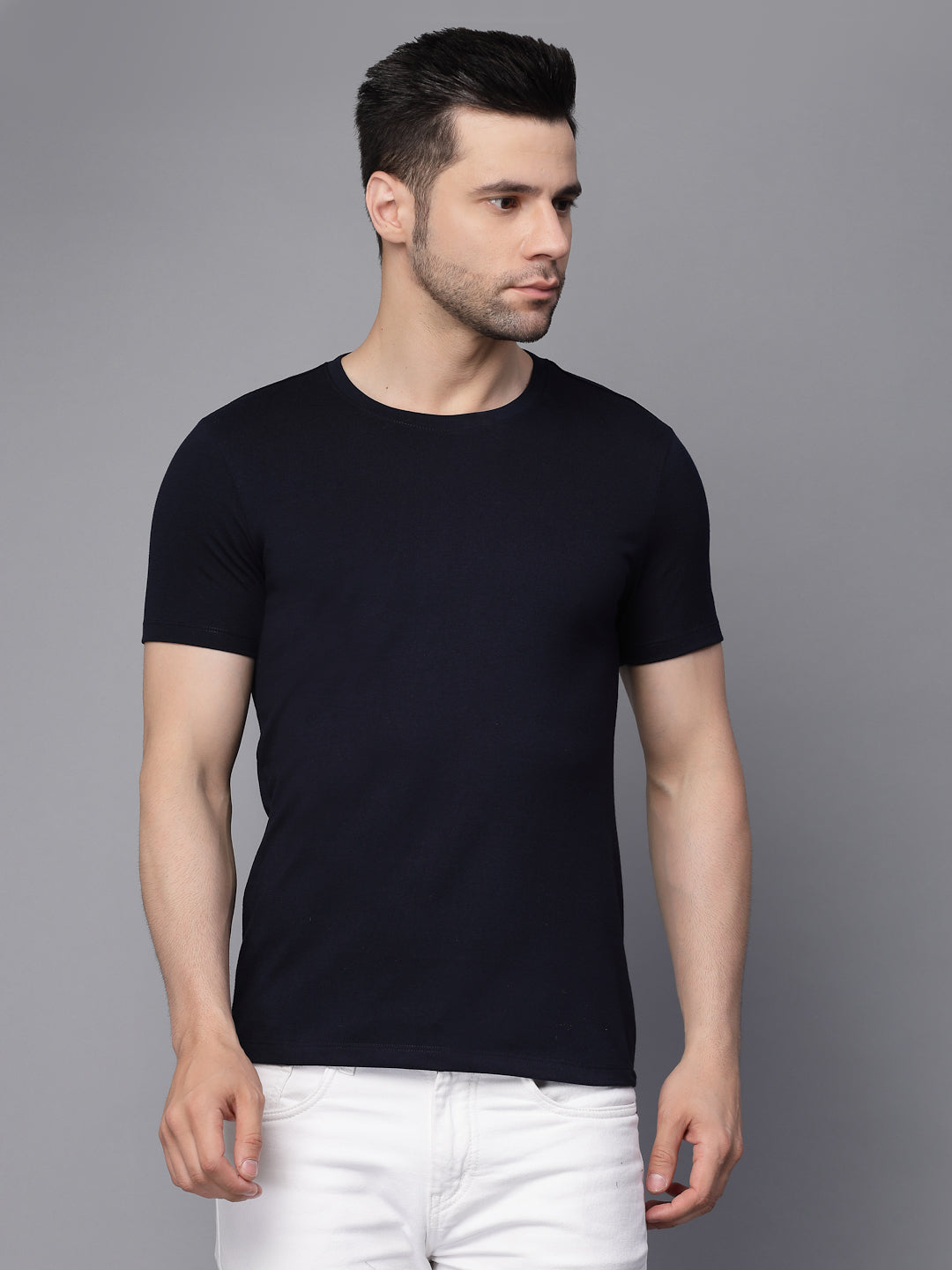 Navy Blue Solid Round Neck T-Shirt - Global Republic
