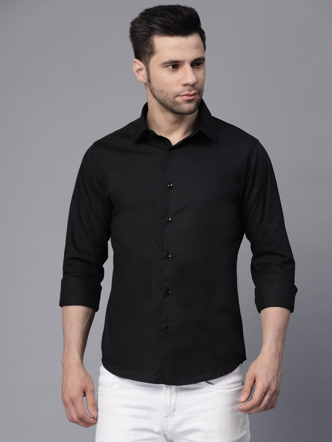 Mens Black Collar Neck Solid Regular Casual Shirt - Global Republic