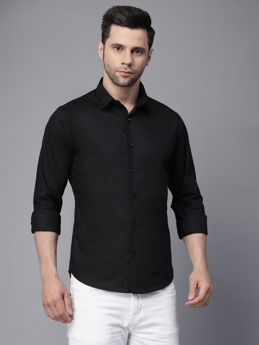 Mens Black Collar Neck Solid Regular Casual Shirt - Global Republic