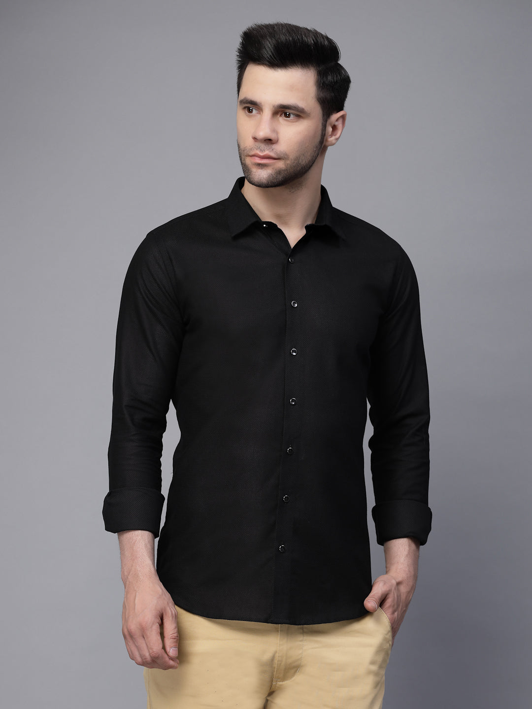 Mens Black Full Sleeve Solid Slim Fit Shirt - Global Republic