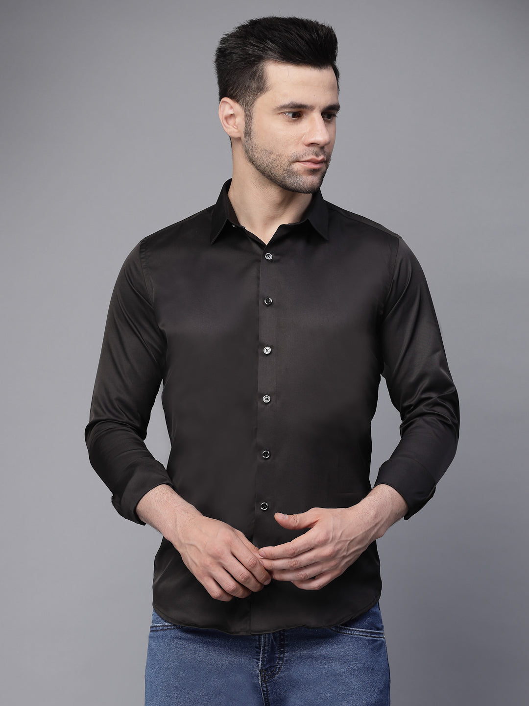 Mens Black Full Sleeve Plain Casual Shirt - Global Republic