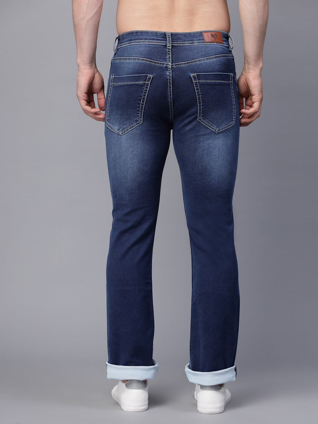 Mens Blue Cotton Blend Solid Cuffing Full Length Jeans - Global Republic
