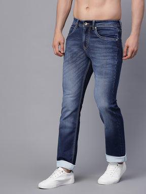 Mens Blue Cotton Solid Cuffing Full Length Jeans