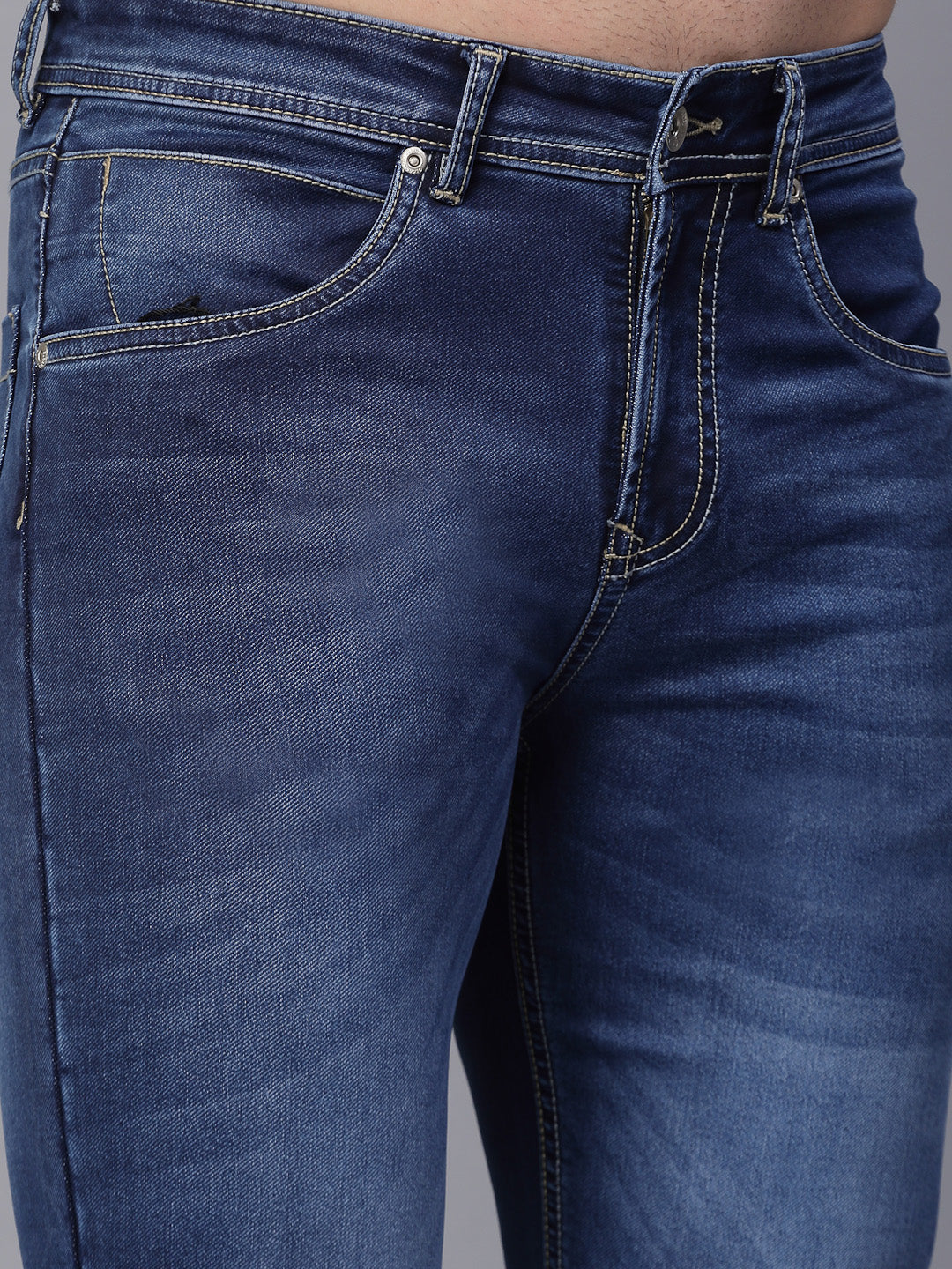 Mens Blue Cotton Blend Solid Cuffing Full Length Jeans - Global Republic