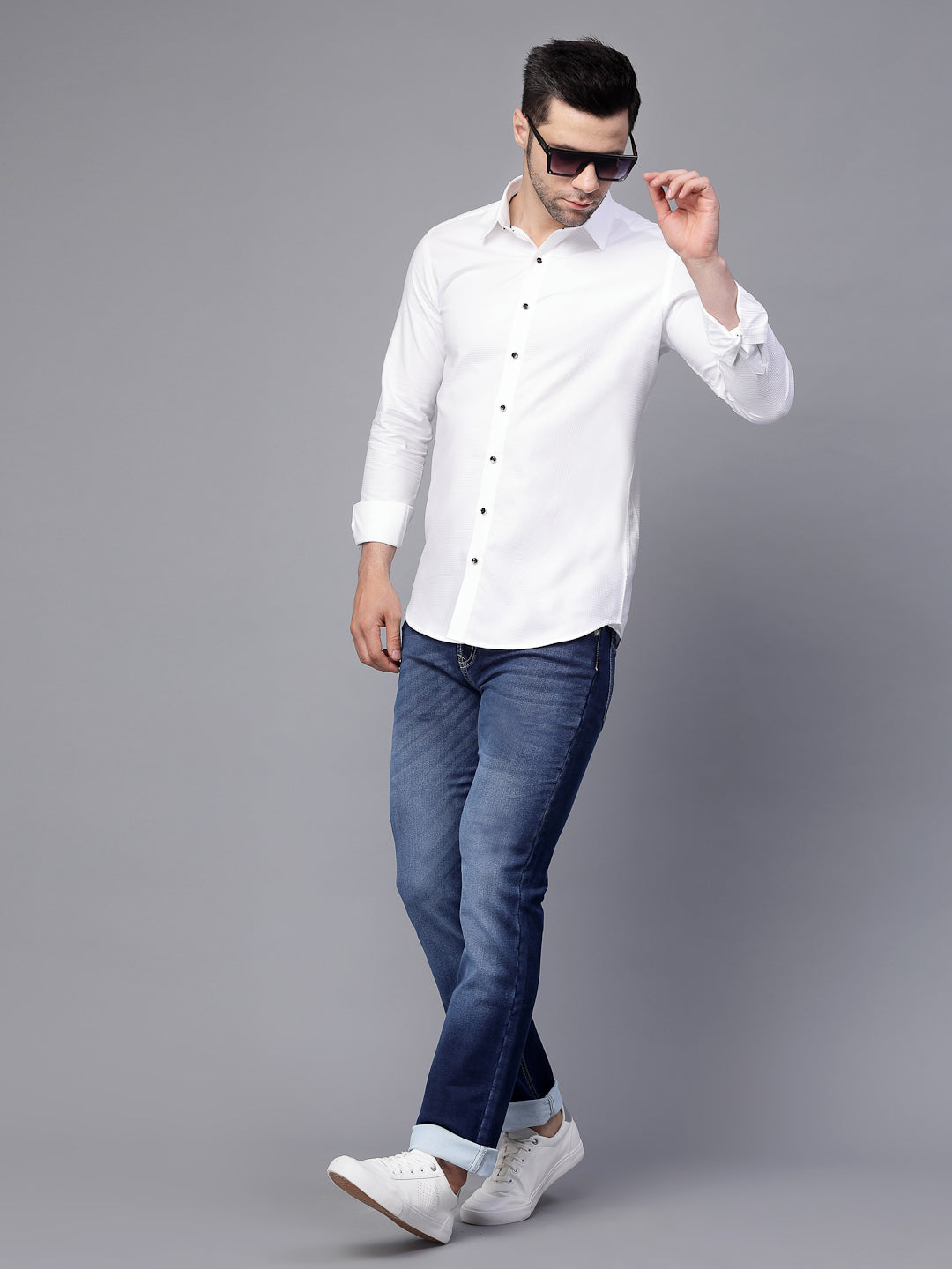 Mens Blue Cotton Blend Solid Cuffing Full Length Jeans - Global Republic