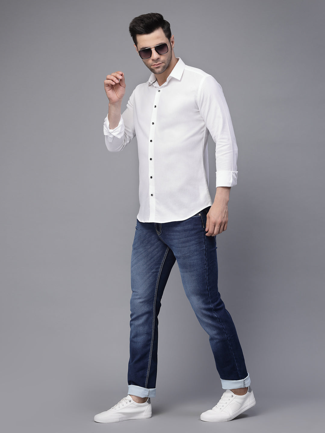 Mens White Full Sleeve Collar Neck Solid Shirt - Global Republic