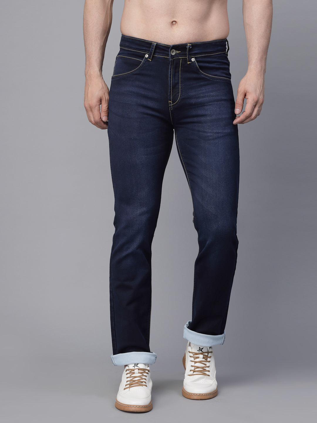 Mens Blue Cotton Blend Solid Rolling up Jeans - Global Republic