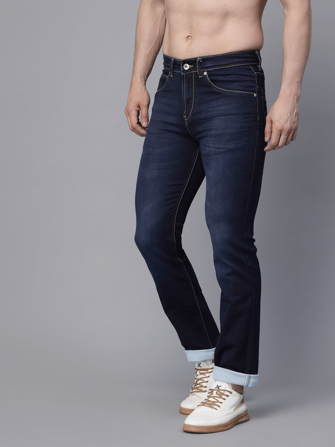 Mens Blue Cotton Blend Solid Rolling up Jeans - Global Republic