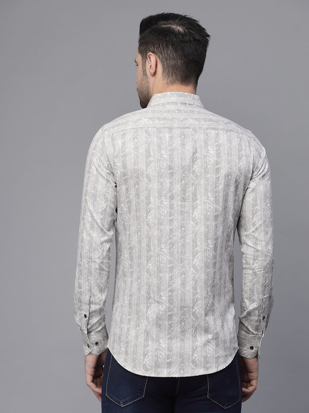 Mens Grey Striped Full Sleeve Regular Fit Shirt - Global Republic