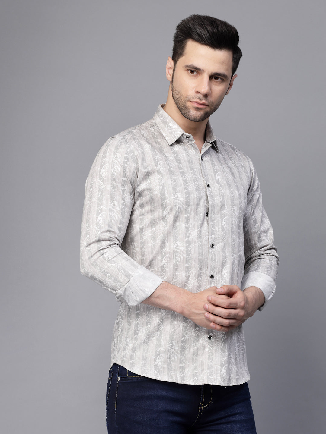 Mens Grey Striped Full Sleeve Regular Fit Shirt - Global Republic