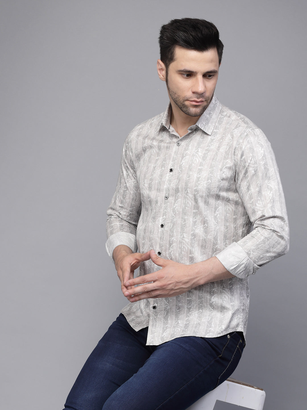 Mens Grey Striped Full Sleeve Regular Fit Shirt - Global Republic