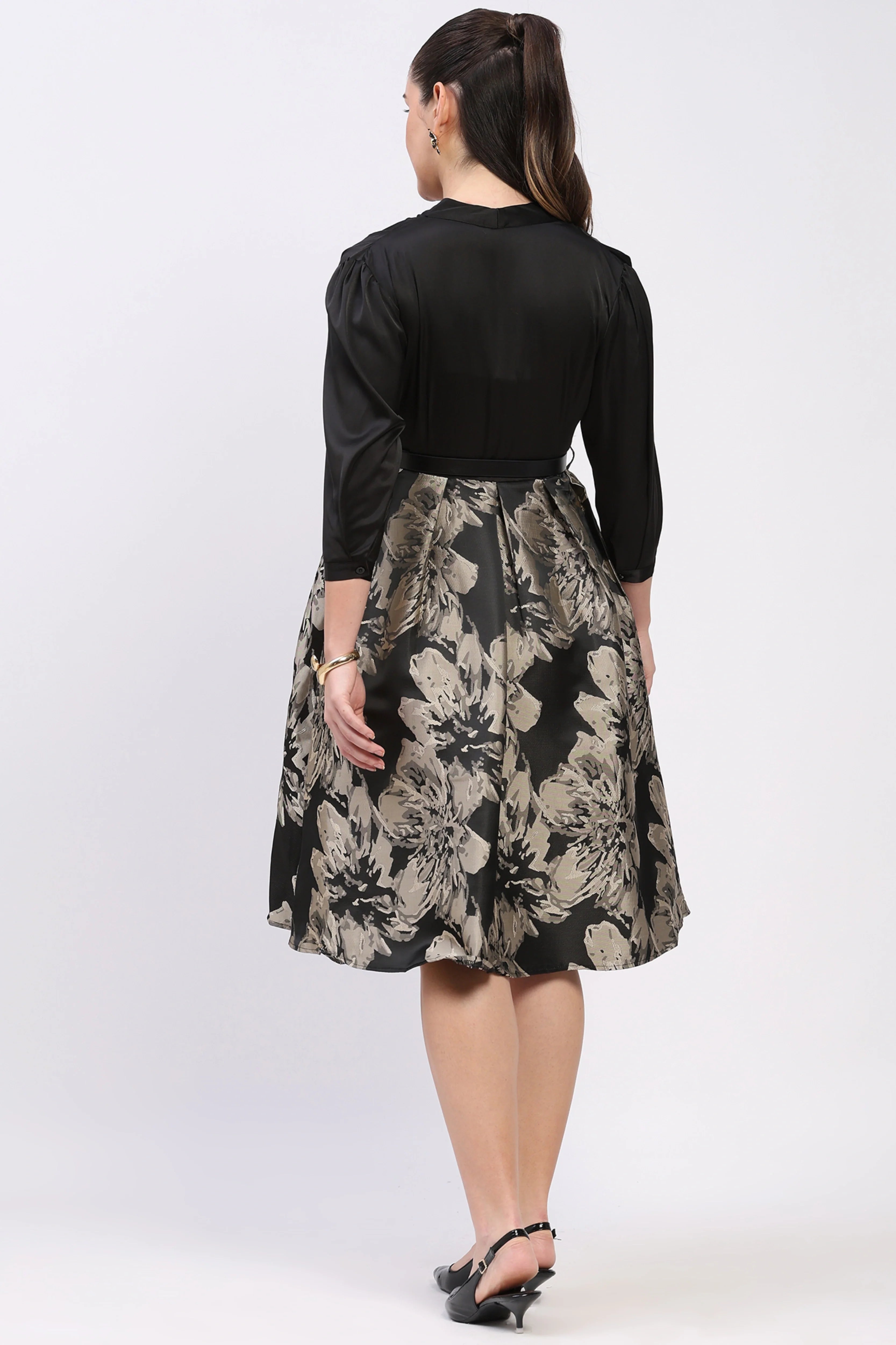 Black & Red Satin Fit & Flare Dress-Global Republic