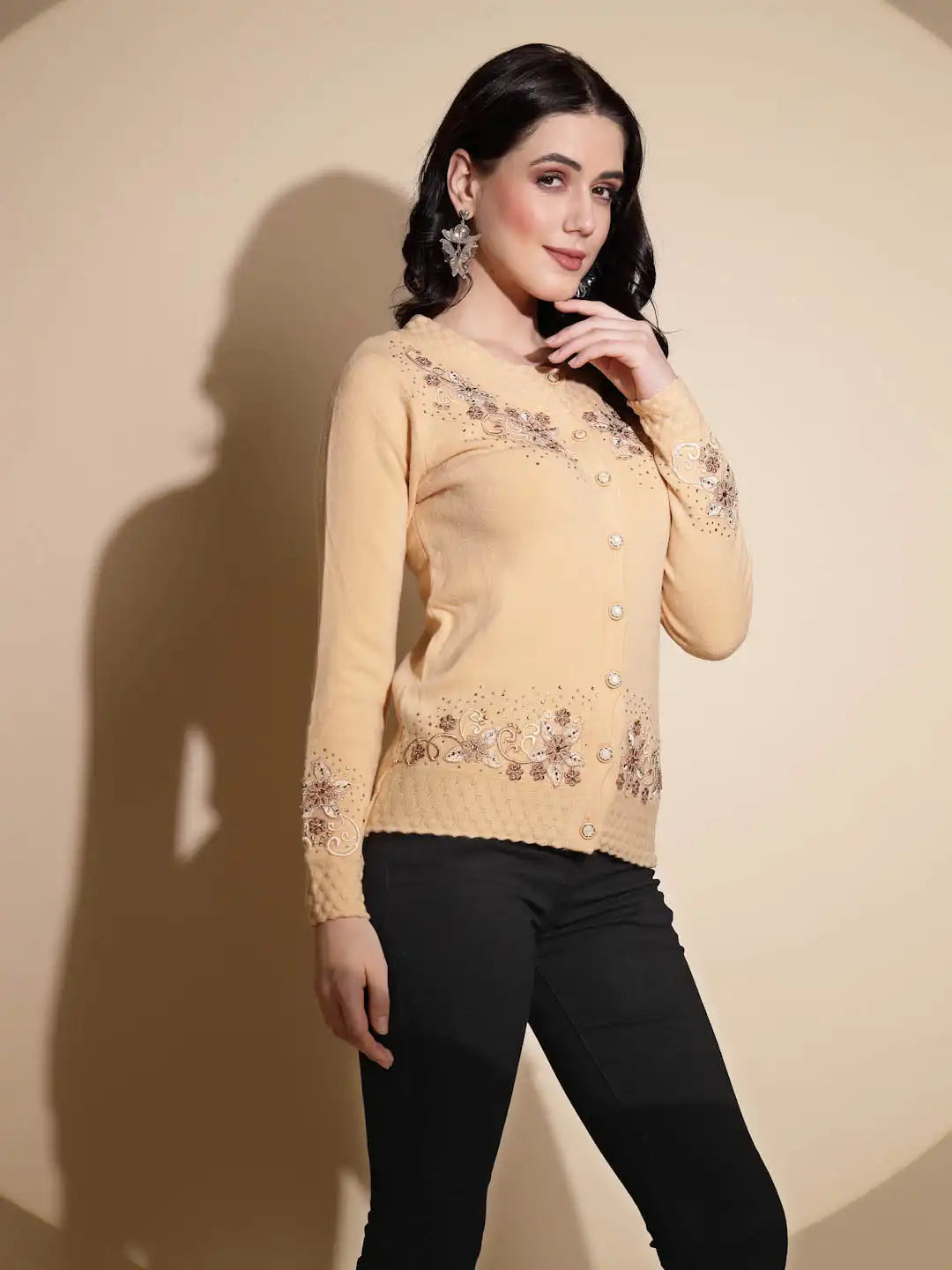 Beige Embroidery ester Cardigan - Global Republic