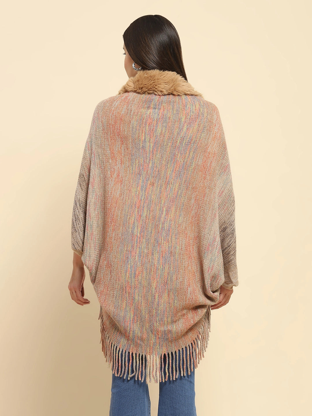 Khaki Mélange Acrylic Knitted Relaxed Fit Cape - Global Republic