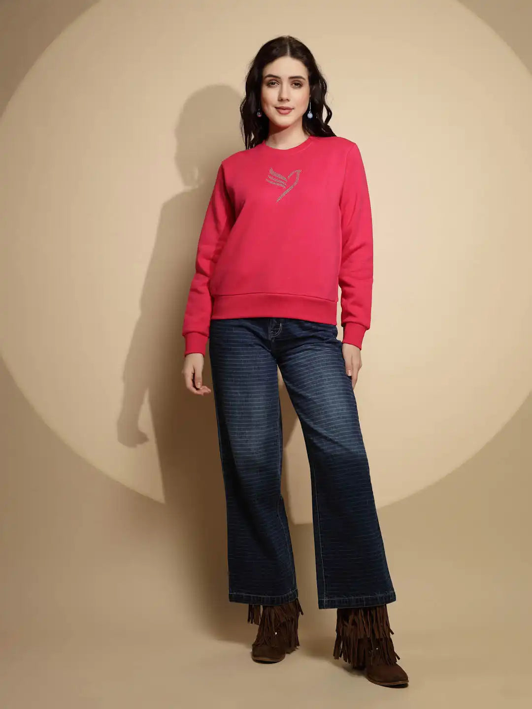 Pink Solid Round Neck Sweatshirt - Global Republic