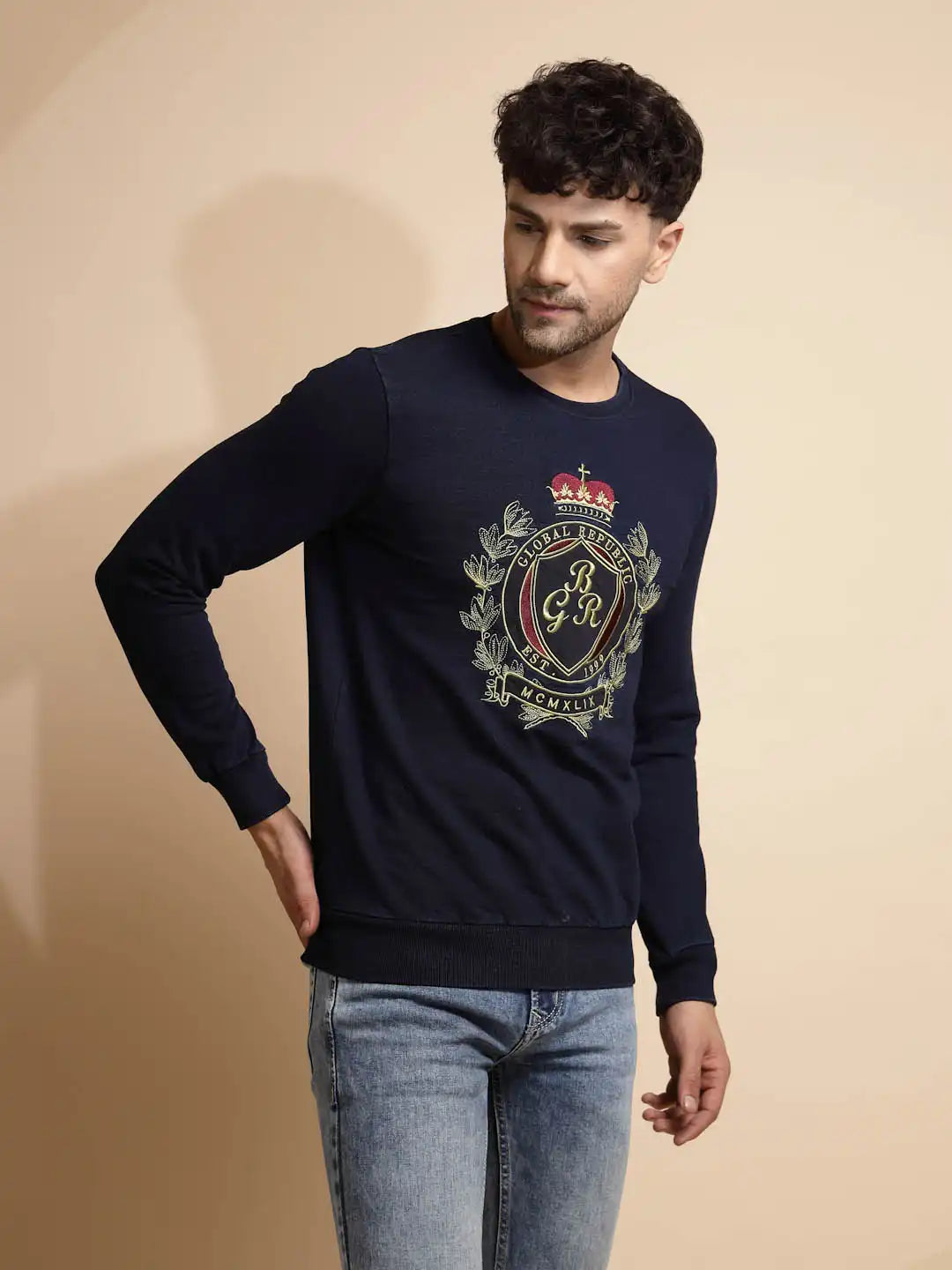 Dark Blue Solid Hosiery Sweatshirt - Global Republic