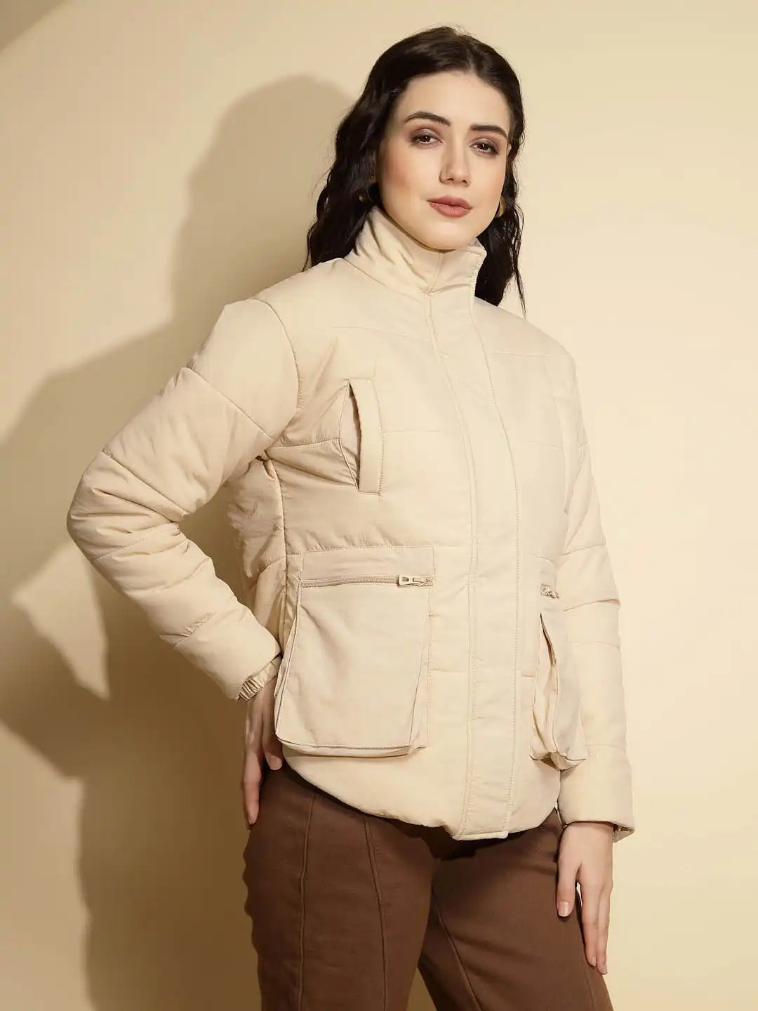 Beige Solid Puffer Jacket - Global Republic