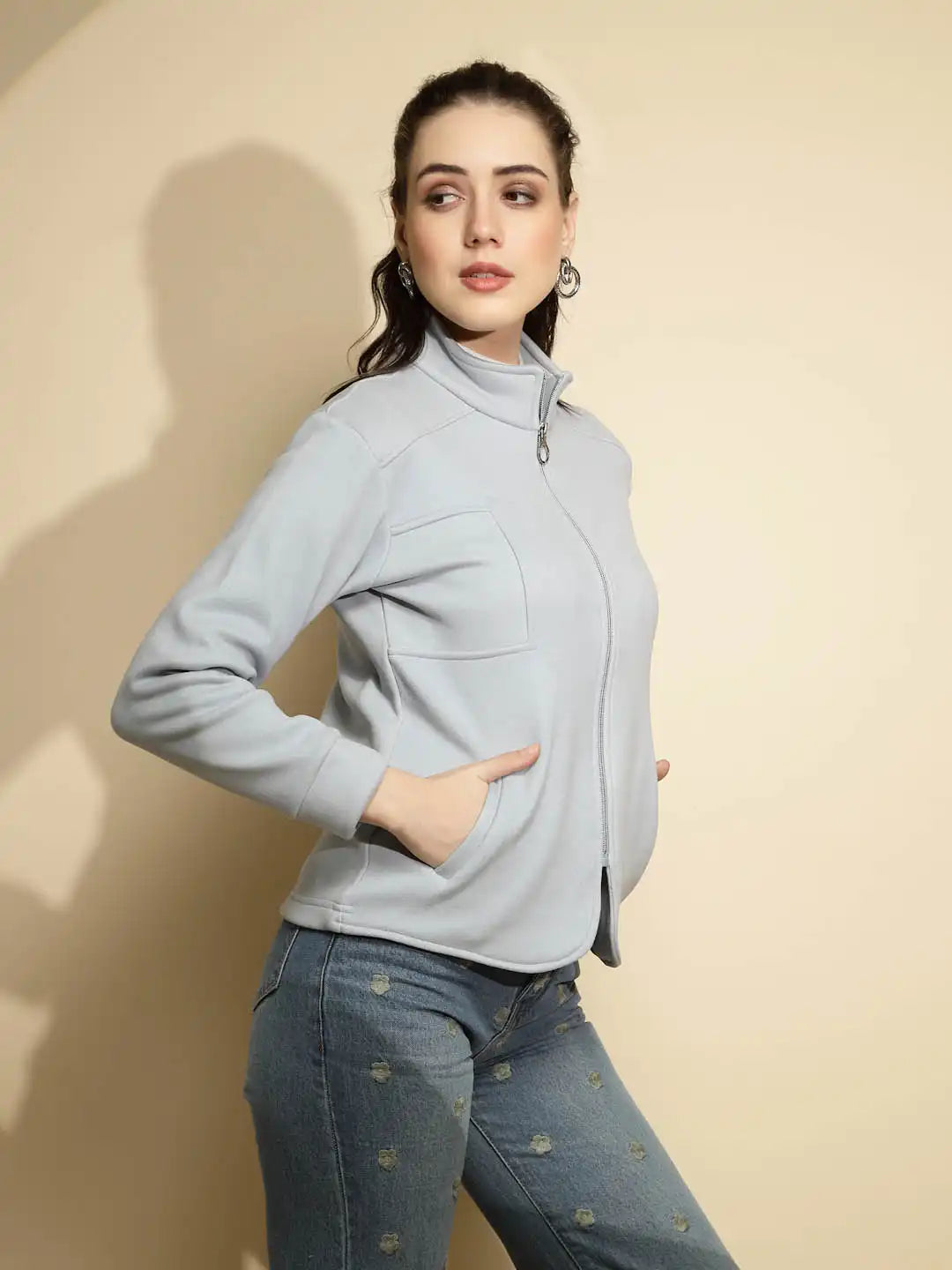 Light Blue Solid Full Sleeve Turtle Neck Fleece Sweatshirt - Global Republic