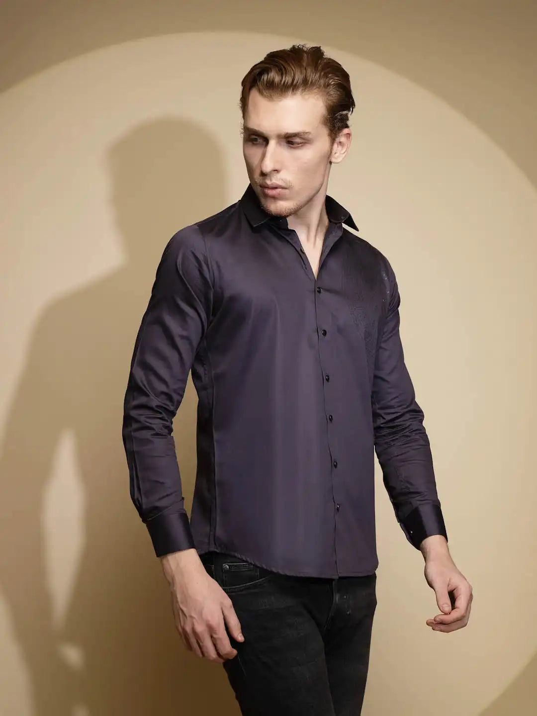 Dark Grey Solid Full Sleeve Collar Neck Cotton Blend Shirt - Global Republic