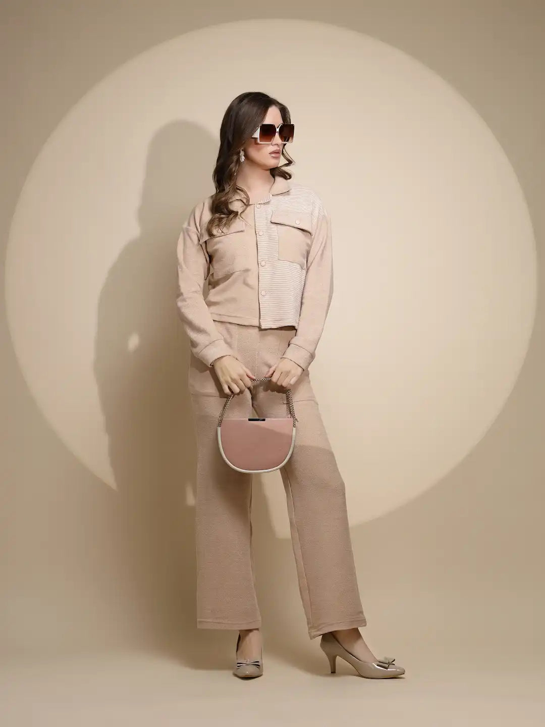 Beige Striped ester Co-ord Set - Global Republic