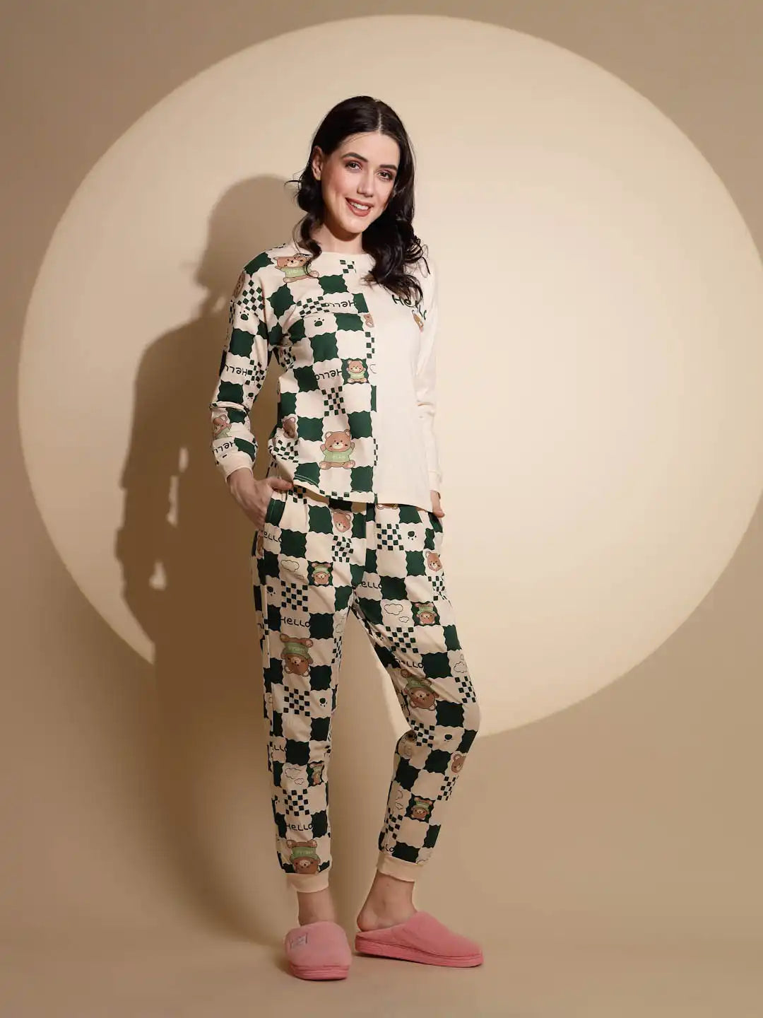 Peach and Green Hosiery Printed Top & Pyjama Night Suit Set - Global Republic