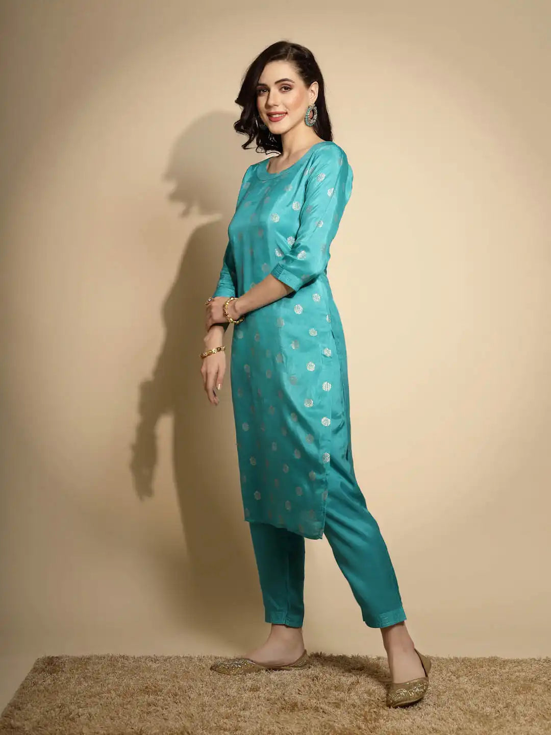 Firozi Foil Printed Silk Kurta Bottom Set With Organza Dupatta - Global Republic