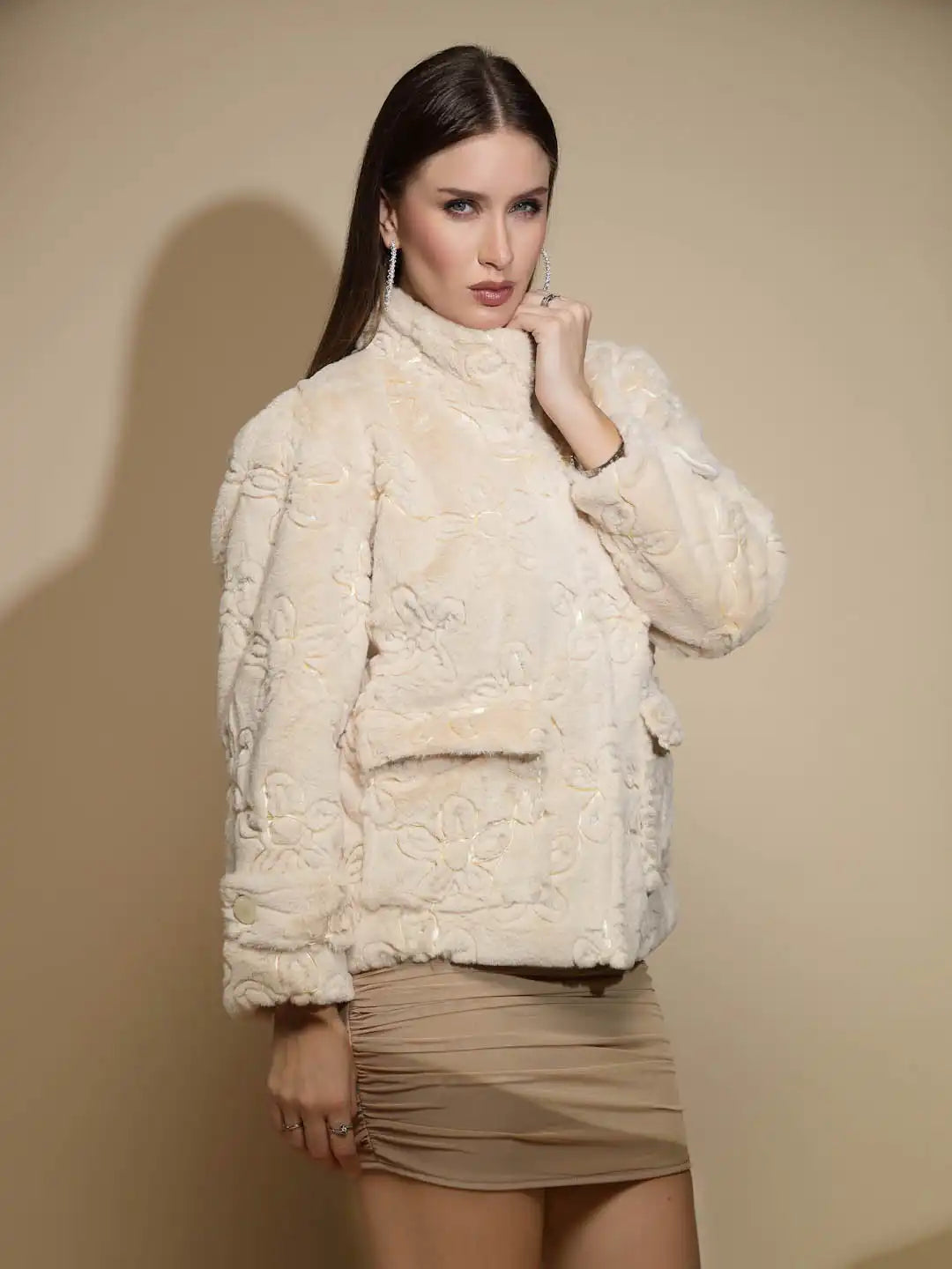 Beige Embossed Woollen Jacket - Global Republic