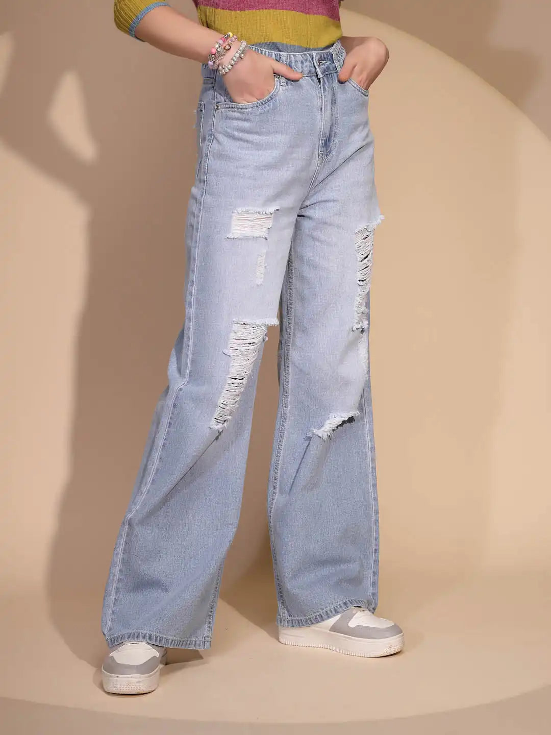 Blue Denim Mid Rise Distressed Jeans - Global Republic