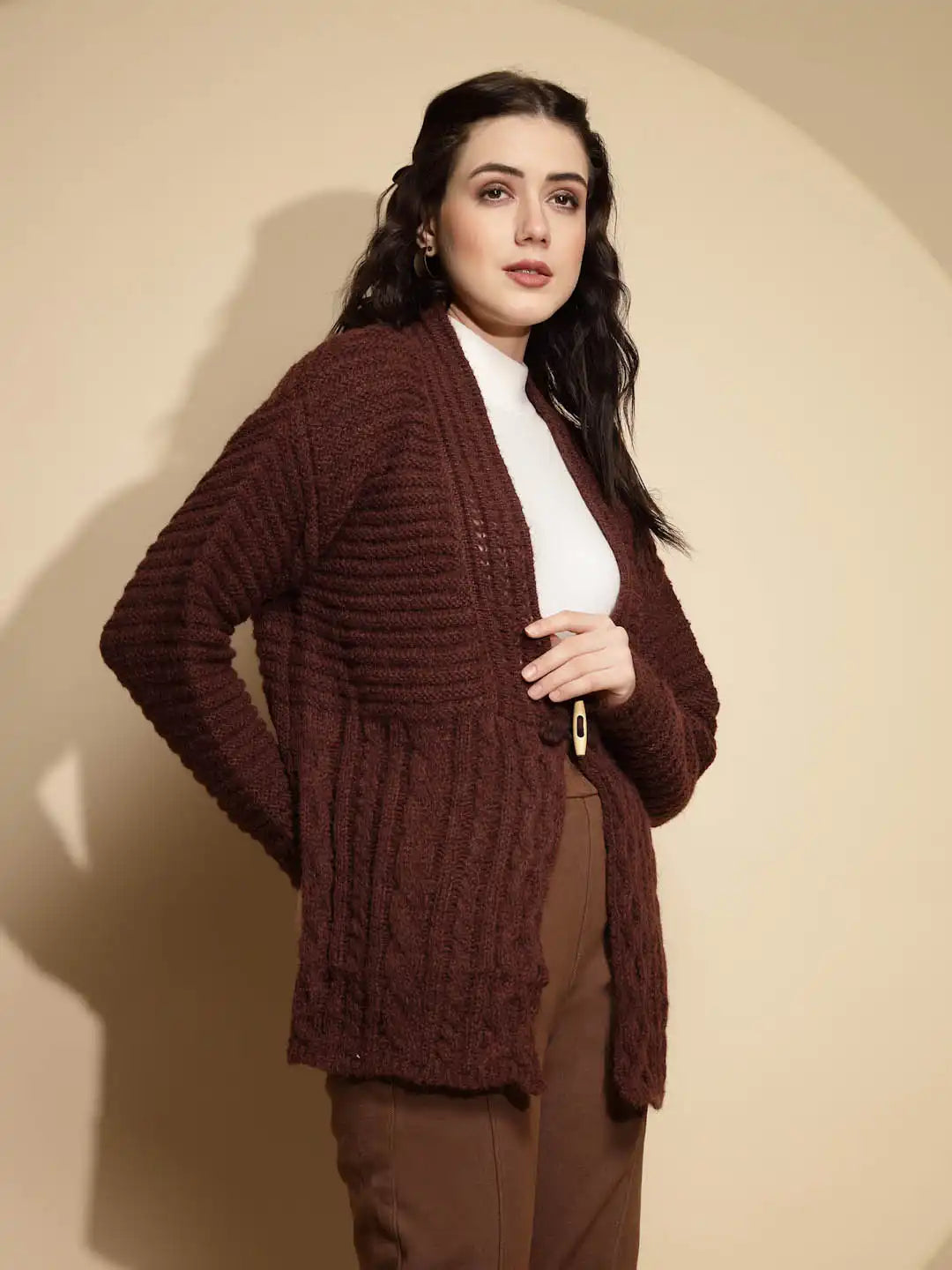 Brown Open Neck Knitted Cardigan - Global Republic