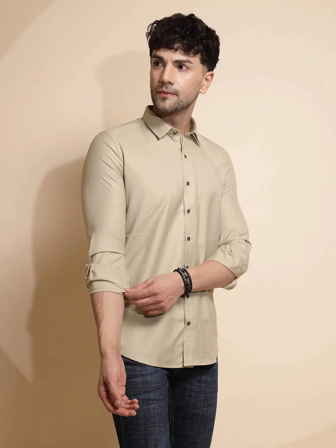 Beige Solid Full Sleeve Collared Neck Cotton Blend Shirt - Global Republic
