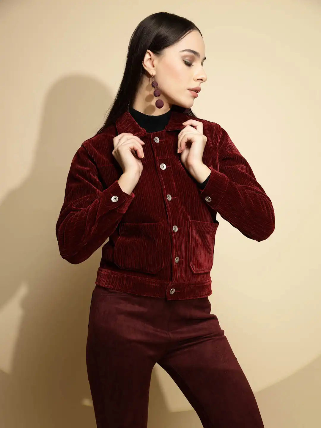 Maroon Solid Corduroy Suede Jacket - Global Republic