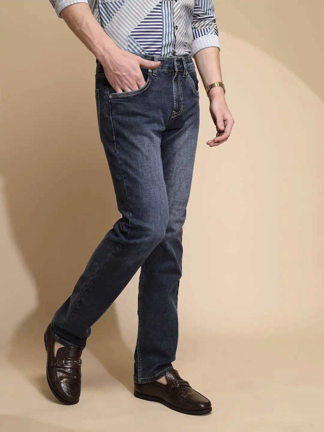 Blue Solid Mid Rise Straight Denim Jeans
