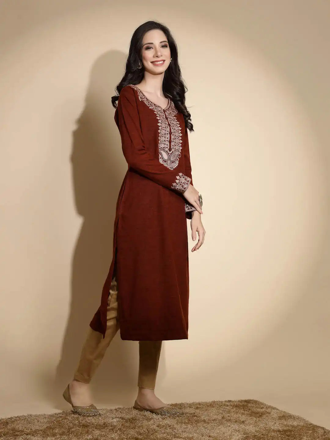 Rust Embroidered Full Sleeves Raglan Cut Crew Neck Woolen Kurta - Global Republic