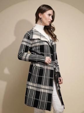 Women Beige Check Full Sleeve Collar Neck Knitted Winter Wrap Coat with Belt