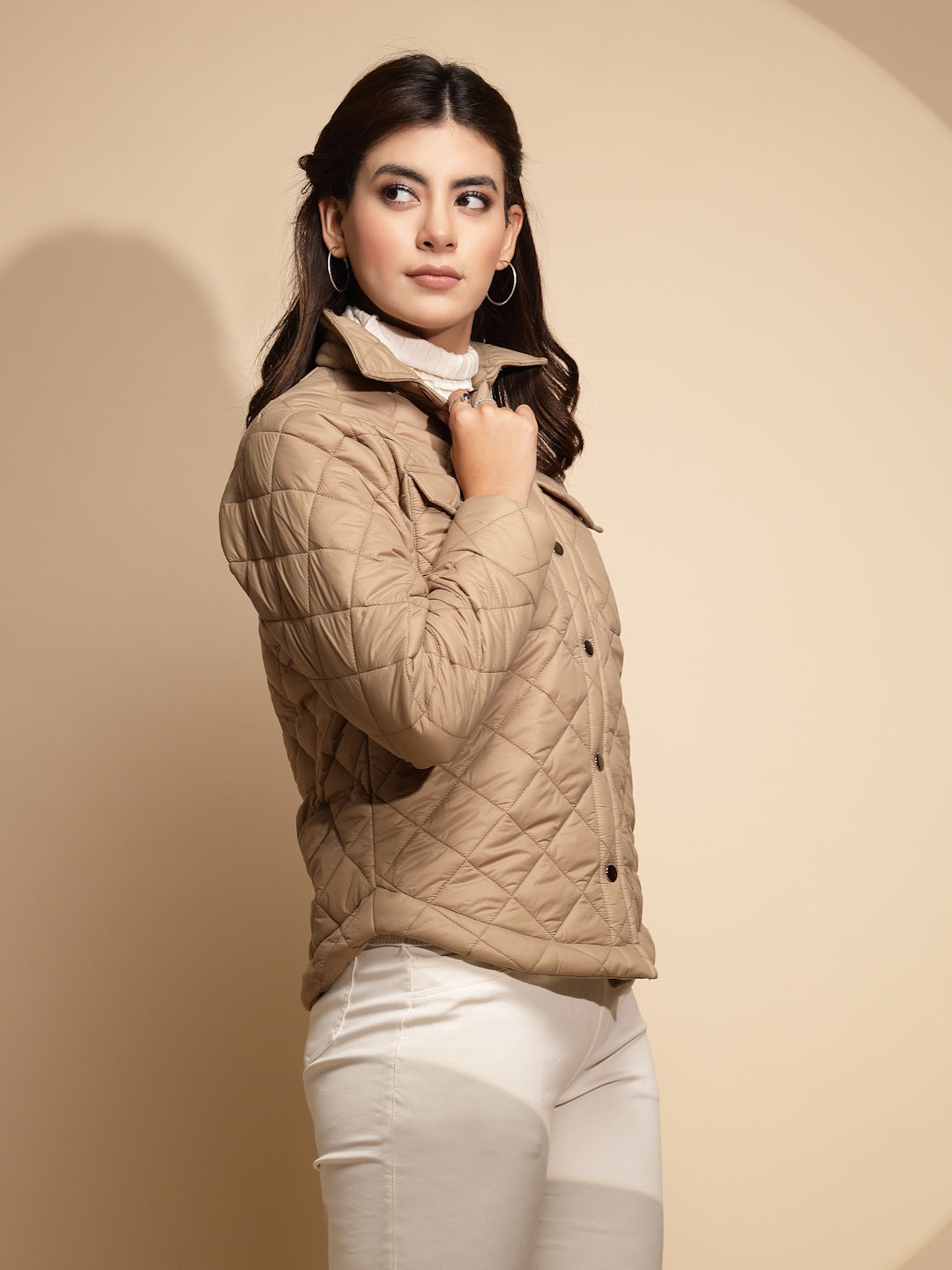 Women Beige Solid Full Sleeve Collar Neck Shacket - Global Republic