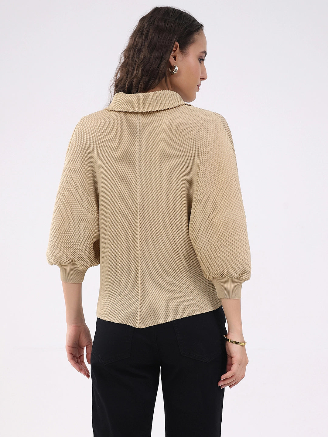 Beige Solid Pleated Blouson Top - Global Republic