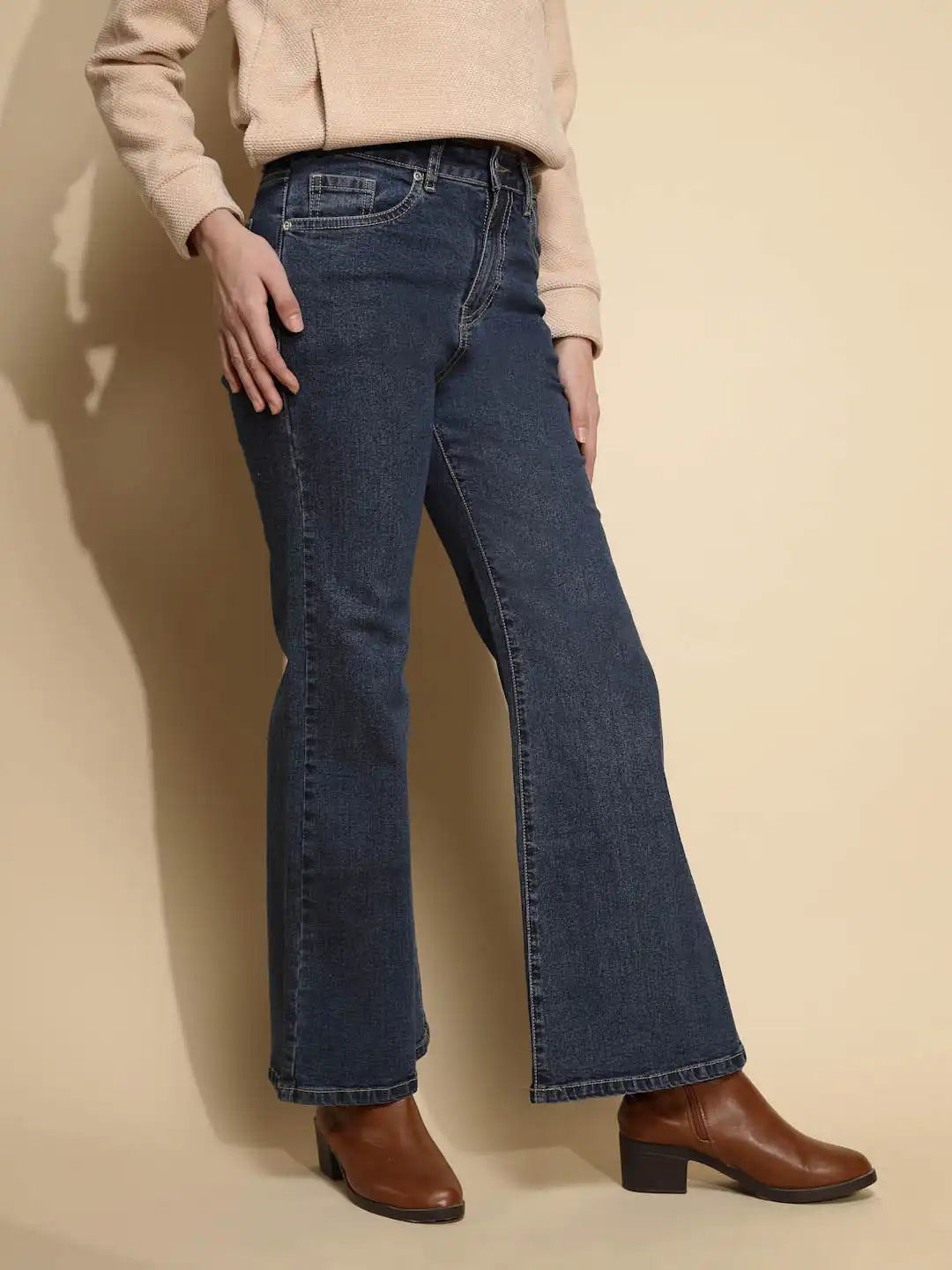 Dark Blue Solid Cotton Blend Mid Rise Wide Leg Jeans - Global Republic
