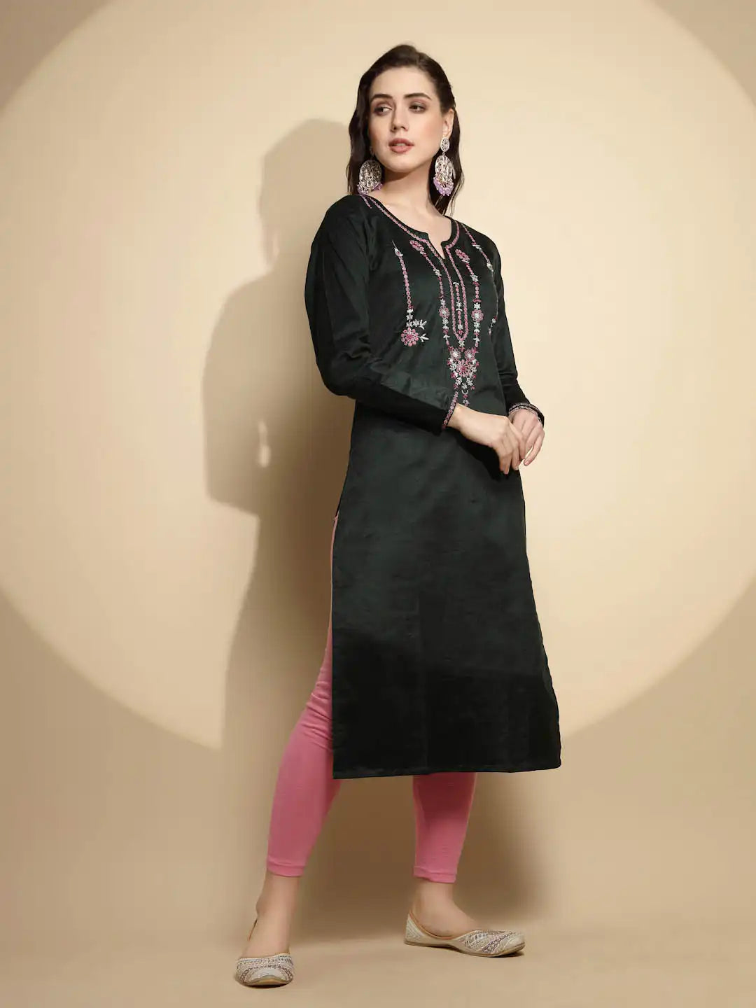 Olive Embellished Cotton Kurta - Global Republic