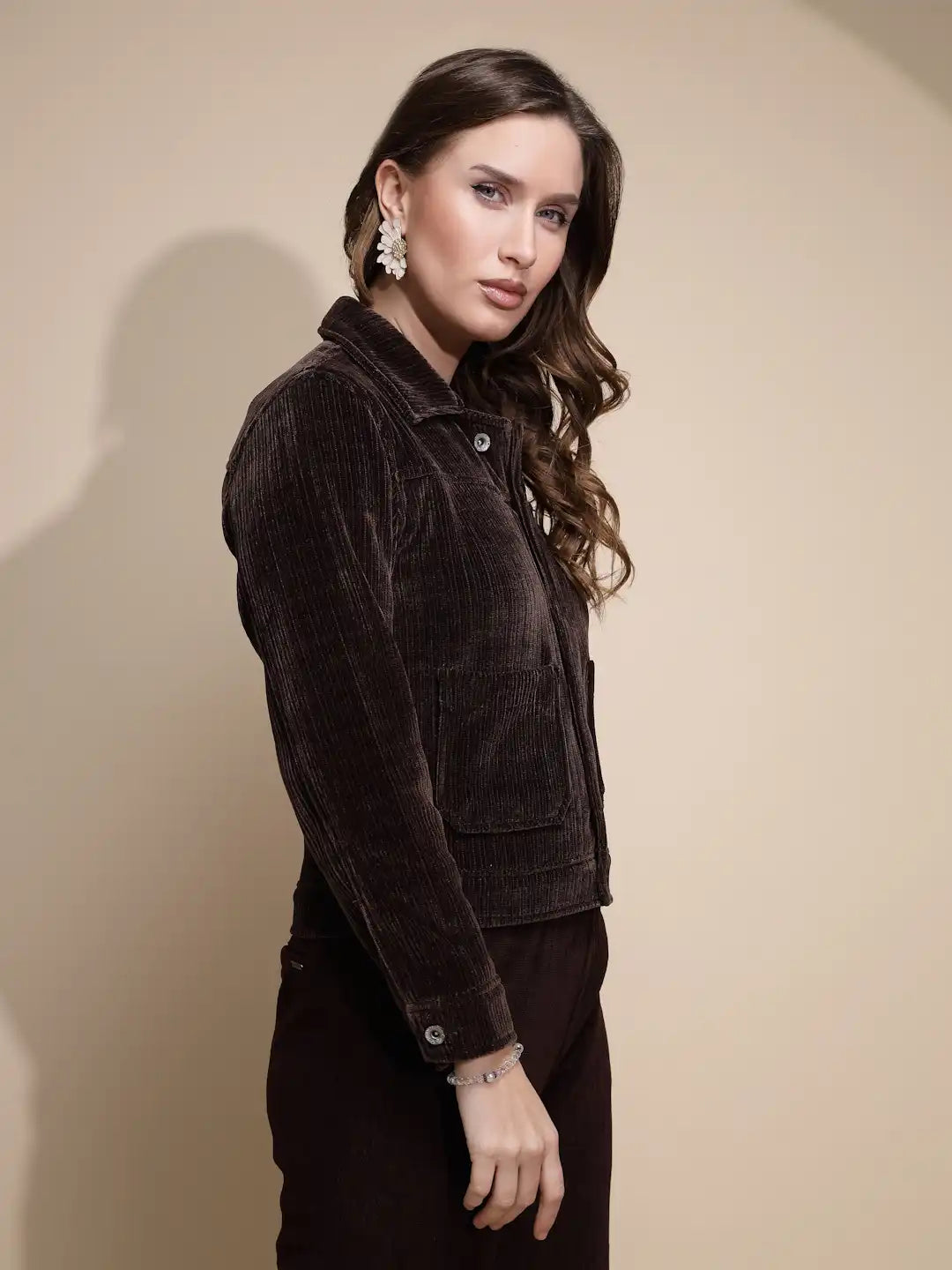 Brown Corduroy Solid Jacket - Global Republic