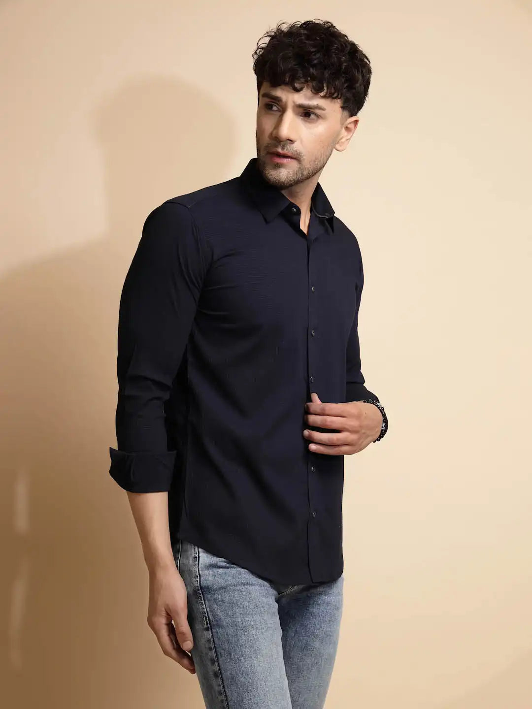 Navy Blue Solid Full Sleeve Collared Neck Shirt - Global Republic