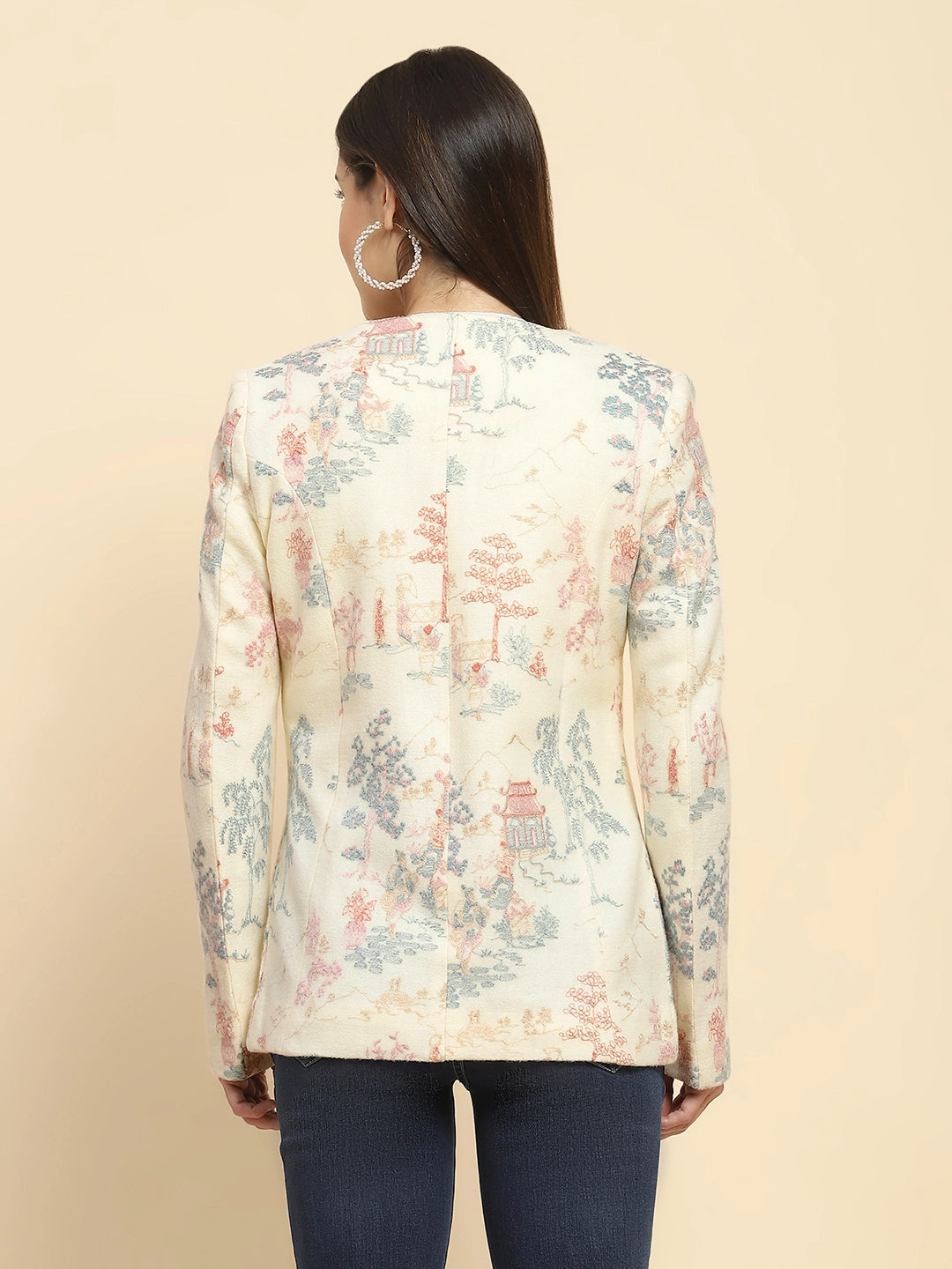 Cream Acrylic Thread Embroidered Regular Fit Coat For Winter - Global Republic