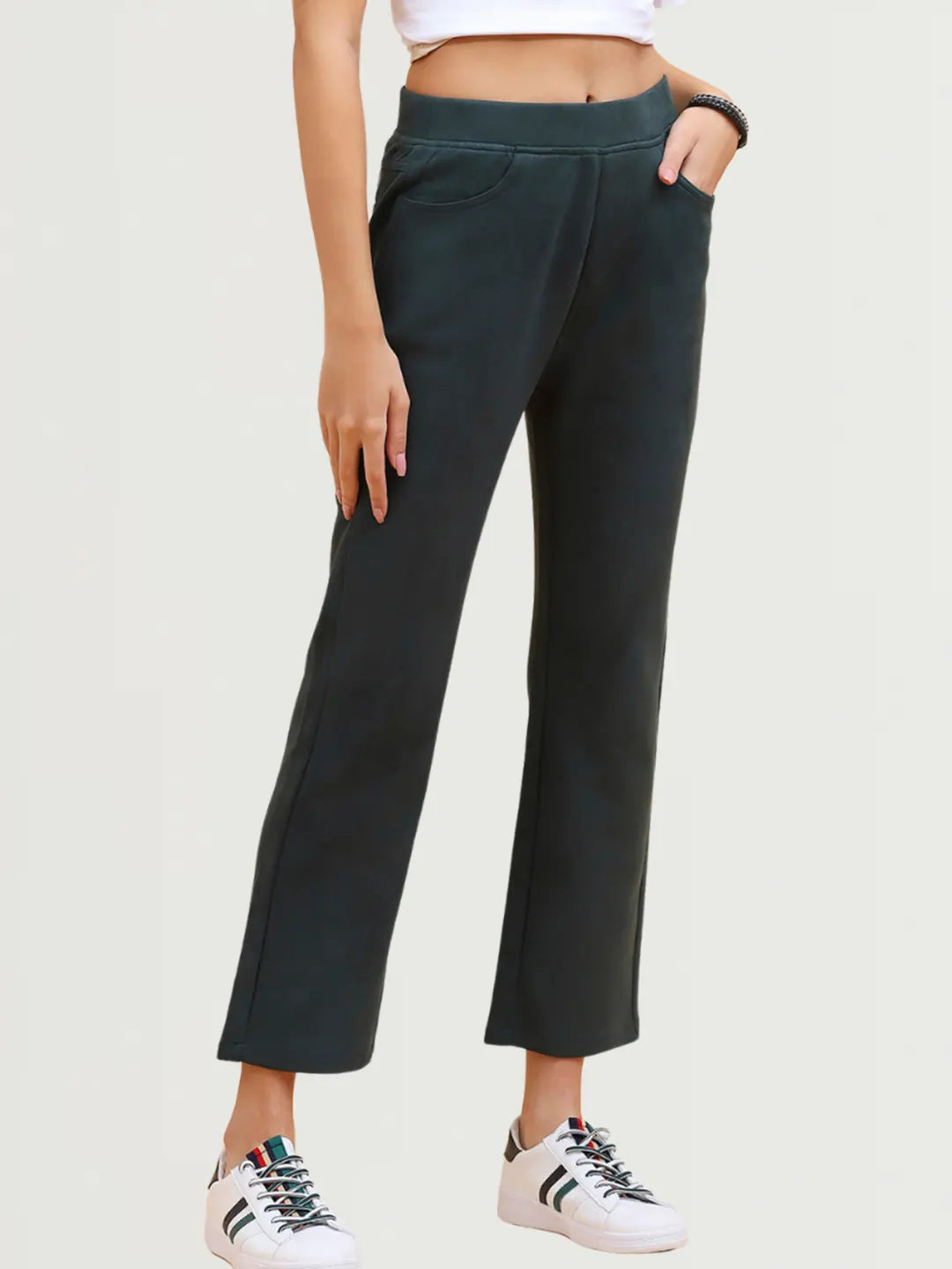 Green Solid Straight Fit Suede Jegging - Global Republic