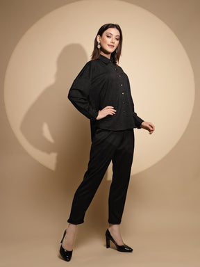 Women Black Solid Mandarin Collar Neck Full Sleeve Night Set