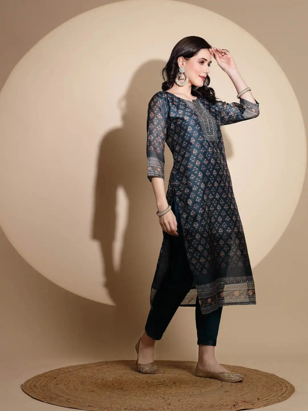 Blue Embroidery Print Three Fourth Sleeve Cotton Kurta Set - Global Republic
