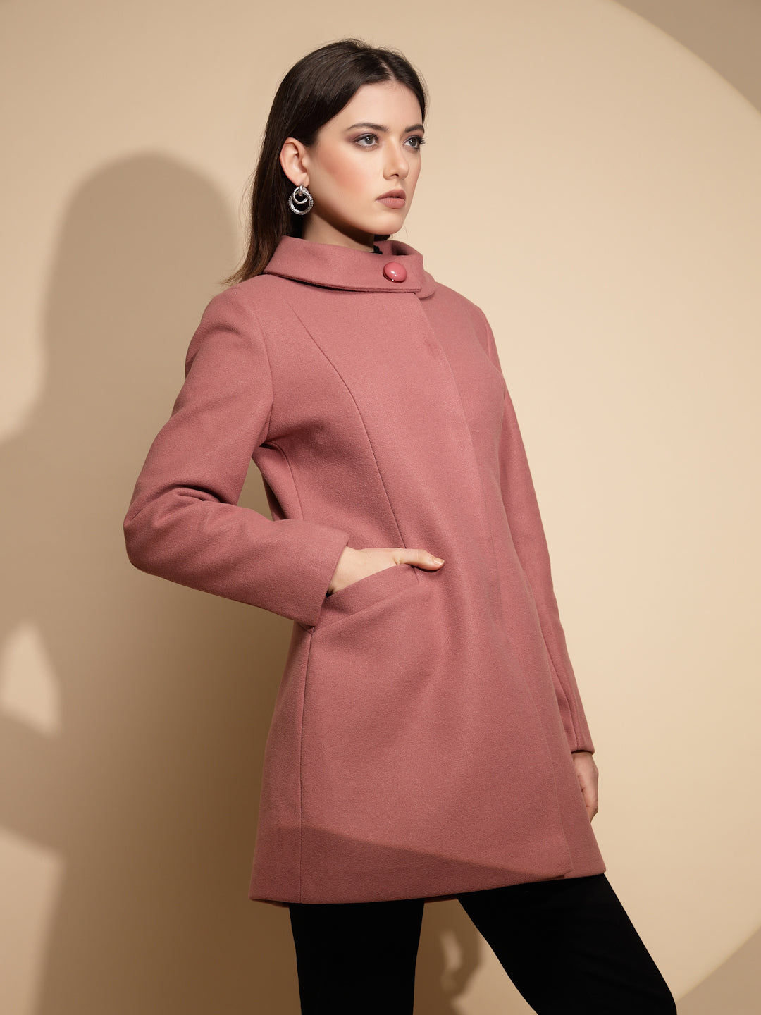 Women Pink Solid High Neck Full Sleeve Loose fit Coat - Global Republic