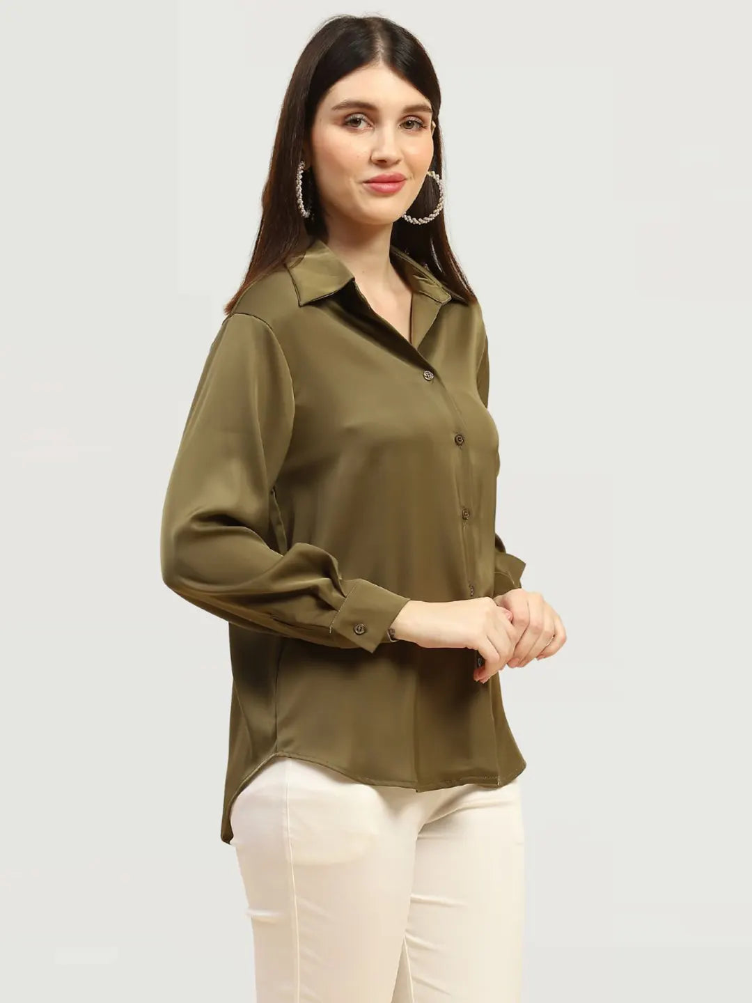 Olive Solid Satin Relaxed Fit Shirt - Global Republic