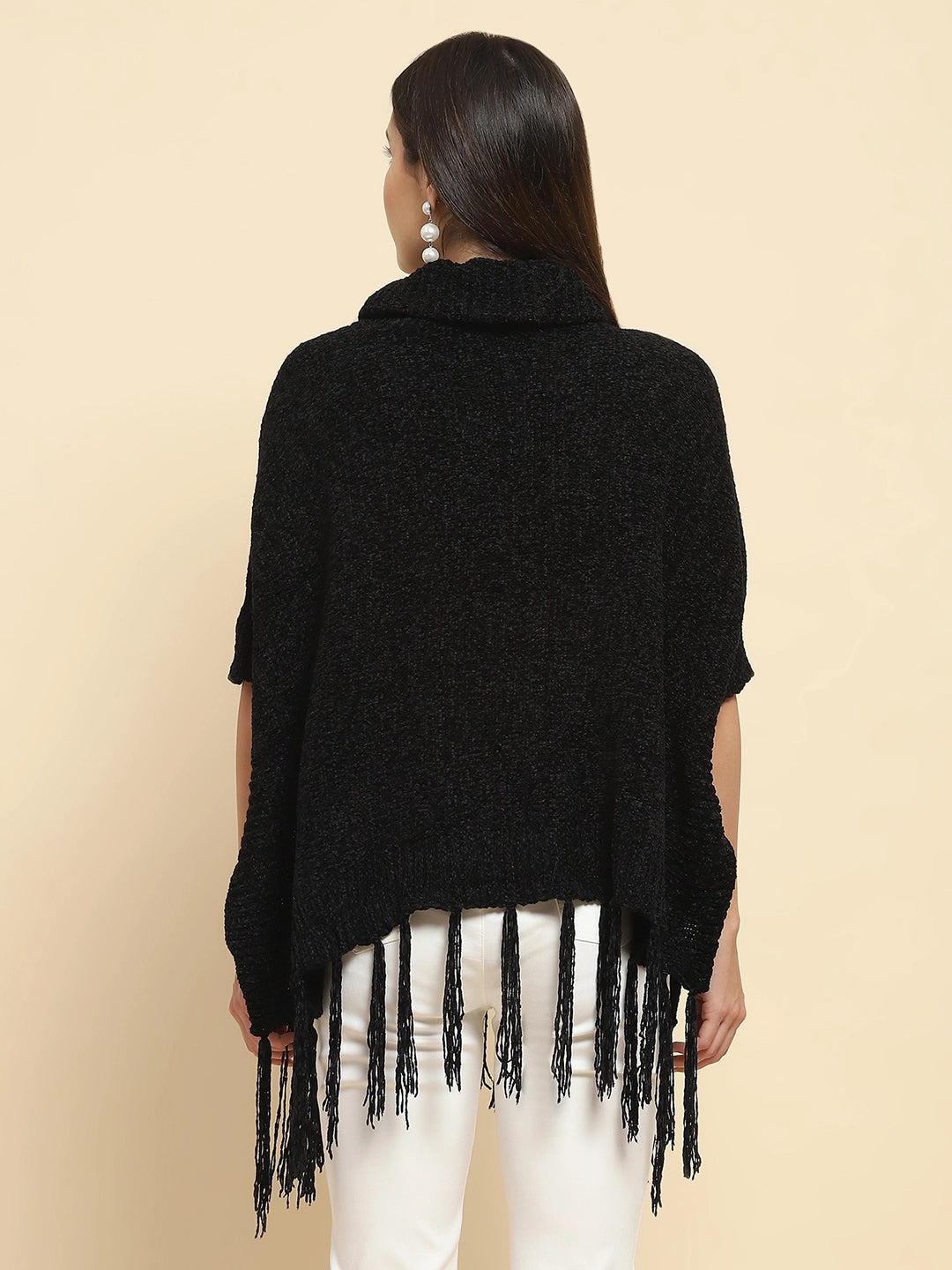 Black Wool Blend Loose Poncho - Global Republic