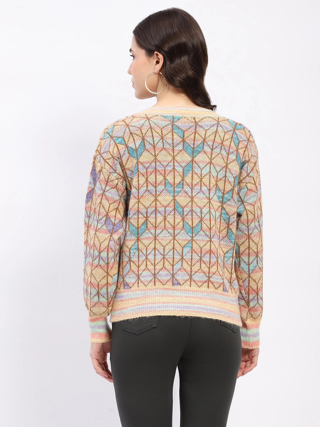 Multicolor Geometric V-Neck Pullover - Global Republic