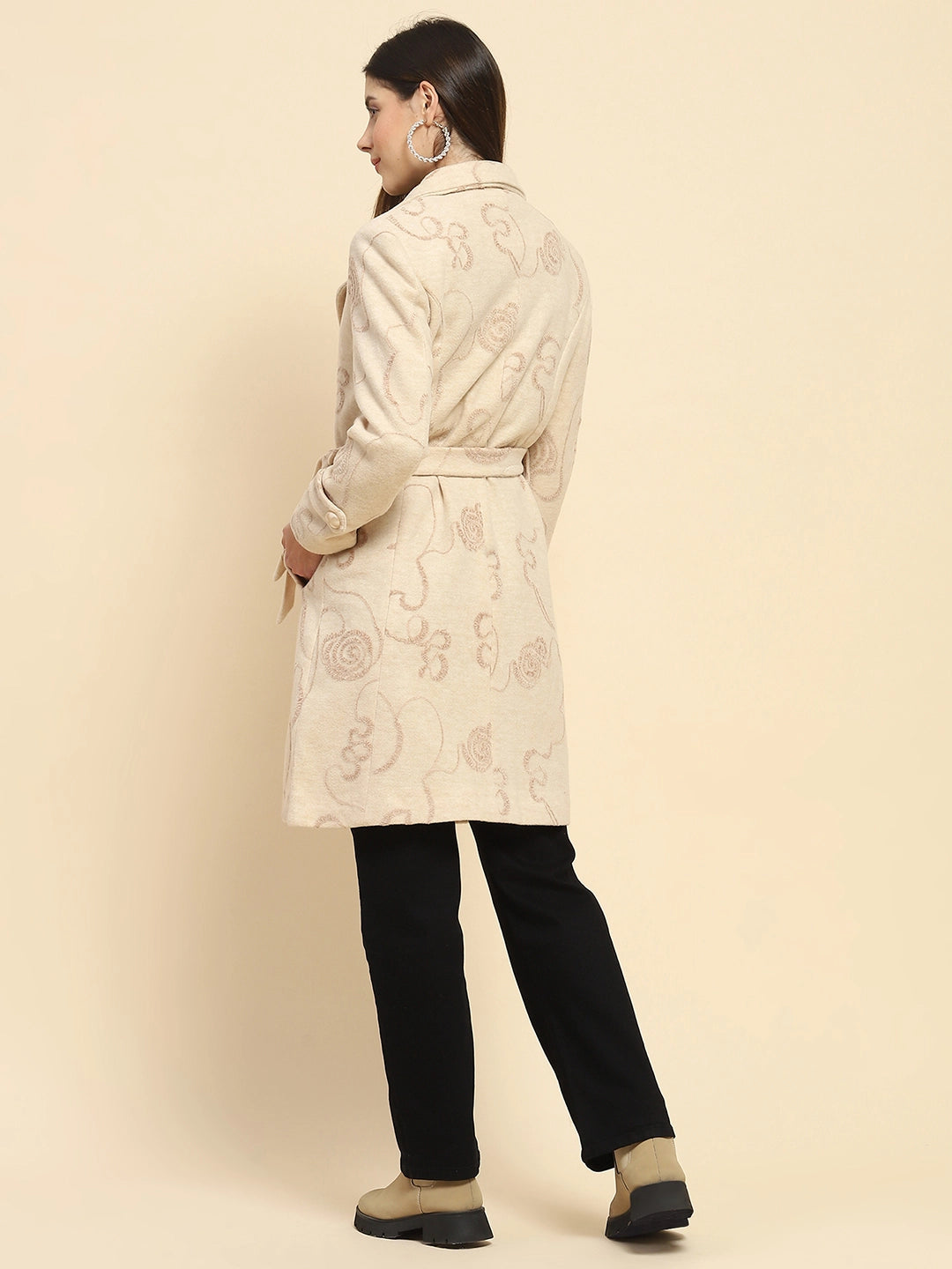 Beige Self Design Long Winter Coat - Global Republic