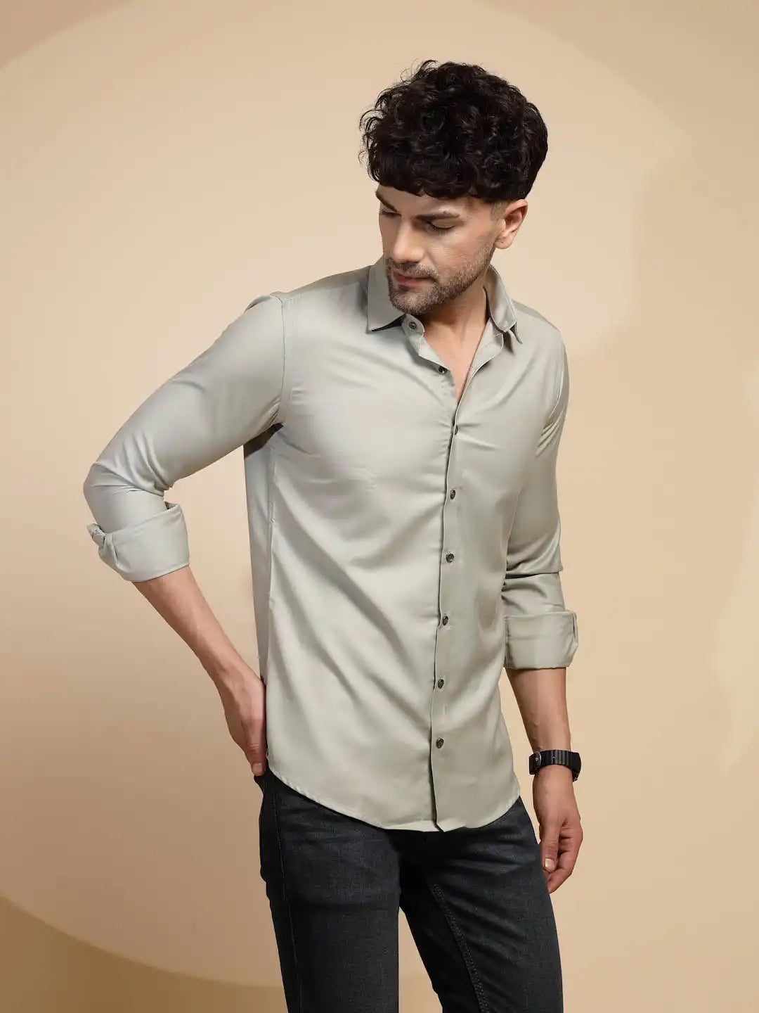 Grey Solid Cotton Blend Shirt - Global Republic
